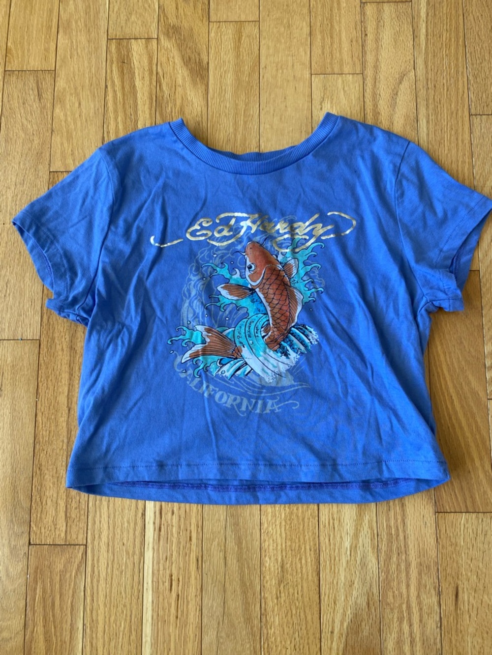 Ed Hardy Royal Blue Graphic Koi Shirt with Gold Accent